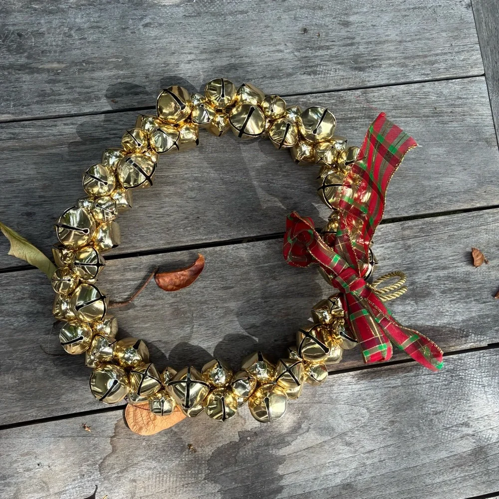 Festive Gold Bell Wreath with Red Plaid Ribbon